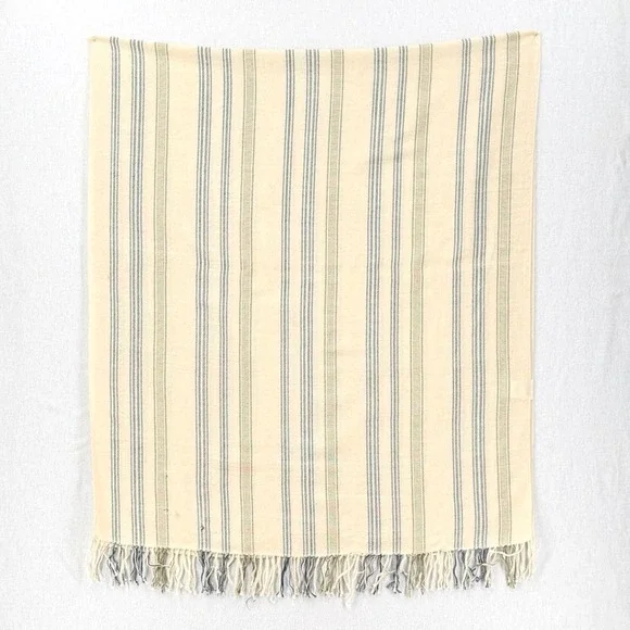 ESCUDO 100% Pima Cotton Handmade in Peru Scarf Cream Blue Stripe Fringe - Picture 6 of 14